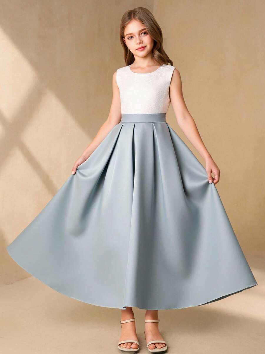 女童缎面 A 字形公主裙，无袖圆领，优雅连衣裙，适合婚礼活动、生日派对、节日、花童和伴娘 - 霧霾藍 - 查看 1