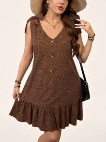 SHEIN LUNE Plus Size Summer Ruffle Hem Brown V-Neck Sleeveless Bow Decor Dresses Sundress, Vacation Style - Multicolor - View 4