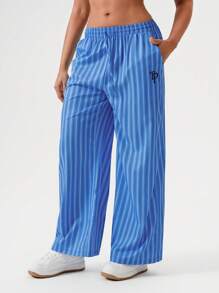 Hanevo Minimalist Striped Drawstring Embroidery Straight Leg Women Athletic Pants - Multicolor - View 3