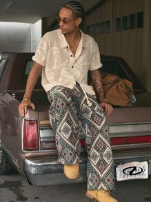 AXEPEAK Herren Hemd mit tropischem Pflanzenmuster, Kurzarm, Lochmuster, Knopfleiste, Streetwear - Aprikosenfarben - Übersicht 1