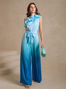 Amorya 女式不对称领口无袖荷叶边领口褶皱下摆系带渐变色连体裤，优雅适合日常穿着，春夏季 - 藍色 - 查看 6