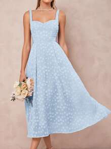 Amorya 婚礼宾客礼服女款心形领、花朵剪裁、拼接、透视网眼、收腰、A 字长裙 - 淺藍色 - 查看 4