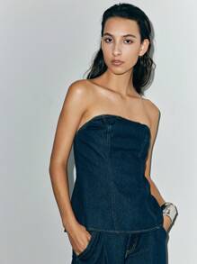 Lumivelle 女式休闲露背短款牛仔衬衫，夏季 - 深色水洗藍 - 查看 2