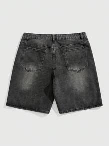 ROMWE MEN Street Life 男士字母印花口袋休闲水钻装饰牛仔短裤 - 黑色 - 查看 3