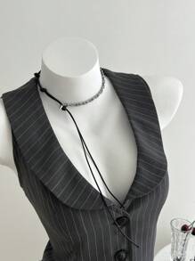 SHEIN Unity Áo khoác nữ ngắn cổ chữ V sâu kẻ sọc cổ điển, eo xếp ly, xuân/hè - Xám - Xem 5