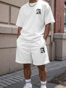 Manfinity EMRG Set di t-shirt casual a maniche corte con stampa di lettere a girocollo e pantaloncini con coulisse in vita per uomo, completo da uomo in due pezzi, set di pantaloncini in due pezzi per uomo