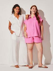 LUVLETTE 柔软透气 100% 纯棉褶皱白色短袖纽扣上衣和裤子,轻盈透气的睡衣套装,时尚休闲舒适,裤子带口袋,可作内衣外穿,新娘内衣及睡衣穿着。 - 白色 - 查看 10