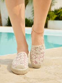 Styleloop Women White Embroidery Rope Round Toe Flat Slip-On Shoes, Casual For Holiday, Party, Date - Apricot - View 4