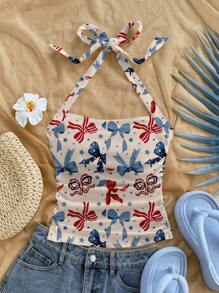 SHEIN SXY Summer Flag Style Halter Neck Bowknot Women Tank Top