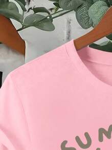 Teen Girls' Summer Cat Letter Print Round Neck Short Sleeve Casual T-Shirt  For Summer