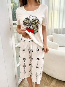 SHEIN 豹纹苹果蝴蝶结装饰短袖和短裤睡衣套装女士睡衣套装夏季女士睡衣套装女士睡衣套装夏季家居服女士睡衣 - 彩色 - 查看 3