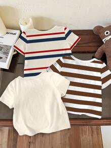 3pcs/Pack Baby Boy Casual Minimalist Round Neck Short Sleeve Loose T-Shirt, Suitable For Summer