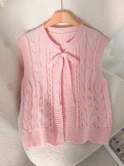 CosyJoli Chaleco de punto rosa básico de estilo universitario urbano casual y sencillo con lazo de cinta para mujer de talla grande