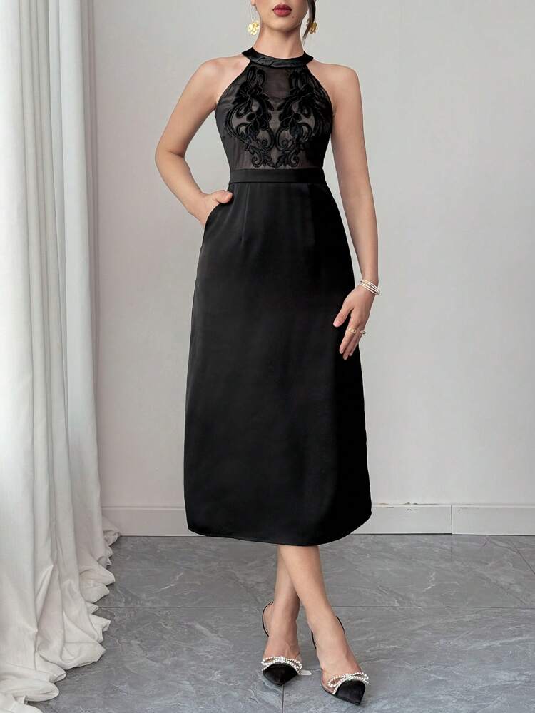 Lace Patchwork Sleeveless Mid-Length Dress For Women Cocktail Dress