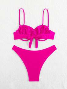 Swim SXY Women New Beach Spaghetti Strap Hollow-Out Steel Frame Backless Sexy Solid Shiny Color Bikini Set - Pink - View 2