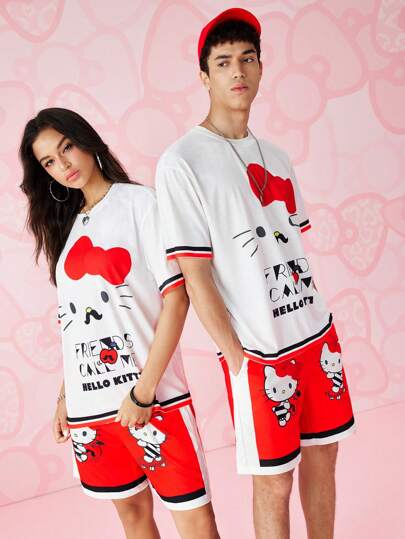 HELLO KITTY AND FRIENDS | SHEIN 2 件男士卡通字母图案短袖 T 恤和口袋短裤套装