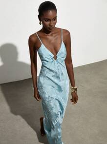 Aveloria Modichic Đầm dự tiệc hở eo, không tay, cổ chữ V, viền loa, chất liệu Jacquard lãng mạn - Màu xanh lam - Xem 3