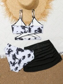 青少女夏季染色連身泳裝套裝及隨機印花遮陽裙 - 黑色 - 查看 2