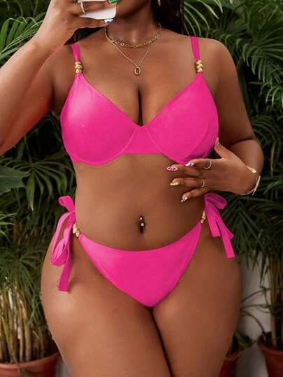 SHEIN Swim Curve Set da 2 pezzi taglie forti per donna, costume da bagno triangolare minimalista e sexy con fascia alta in vita e perline, adatto per vacanze, colore unito