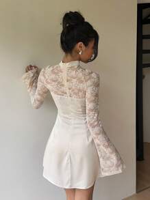 Aloruh 女士性感优雅蕾丝拼布镂空紧身迷你派对连衣裙 - 杏色 - 查看 2