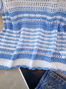 Franclia 新款夏季休闲宽松简约通勤多巴胺蓝条纹撞色镂空纹理透气针织背心毛衣女 - 彩色 - 查看 7