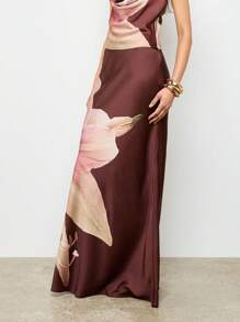 AiiRZ Long Evening Occasion Maxi Skirt Floral Print Satin Bridesmaid Wedding Holiday Party Formal Wear - Brown - View 3