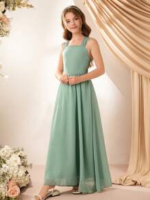 少女法式腰带 A 字裙，派对婚礼优雅花童伴娘度假连衣裙 - 綠色 - 查看 7