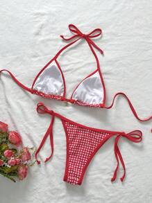 Elavelle Bộ bikini gợi cảm 2 mảnh họa tiết kẻ sọc mùa hè cho nữ dây kim loại trang trí buộc bên hông - Nhiều màu - Xem 2