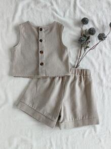 Vintaside Kids Babygirl女婴夏季韩版时尚无袖牛仔背心搭配百搭水洗牛仔短裤套装适合度假旅行 - 卡其色 - 查看 2