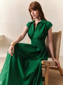Arave 法式高腰修身褶饰 V 领无袖开衩中长连衣裙，适合办公室/通勤 - 綠色 - 查看 1
