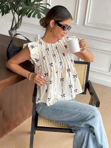 SHEIN Frenchy 女士夏季盖袖压褶蝴蝶结套头衫，时尚夏日风格