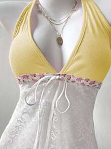 Sweetra 女式蕾丝拼布细肩带修身性感吊带背心，蝴蝶结细节细肩带背心，春夏 - 黃色 - 查看 4
