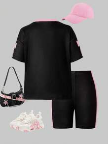 SHEIN 2件套女童休闲简约数字印花T恤和短裤，适合夏季穿着