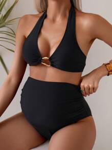 SHEIN Maternity Swimsuit Set, Halter Neck Solid Top And Triangle Bottom, Fashionable For Summer