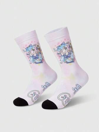 Anime 1 Pair Cute Cartoon Girl Pattern Comfortable Mid-Calf Socks For Women