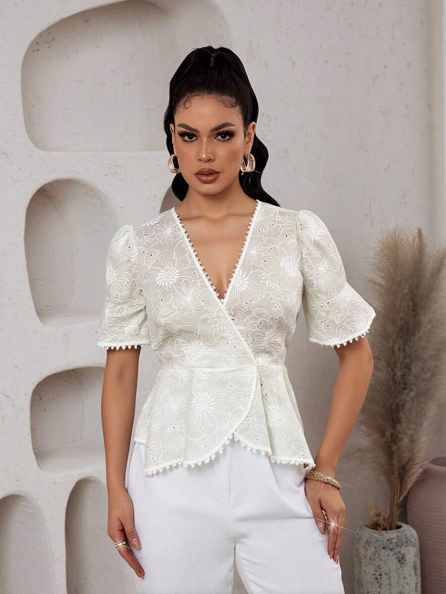 SHEIN LUNE Ladies V-Neck Embroidery Patchwork Trim Elegant Blouse - White - View 1