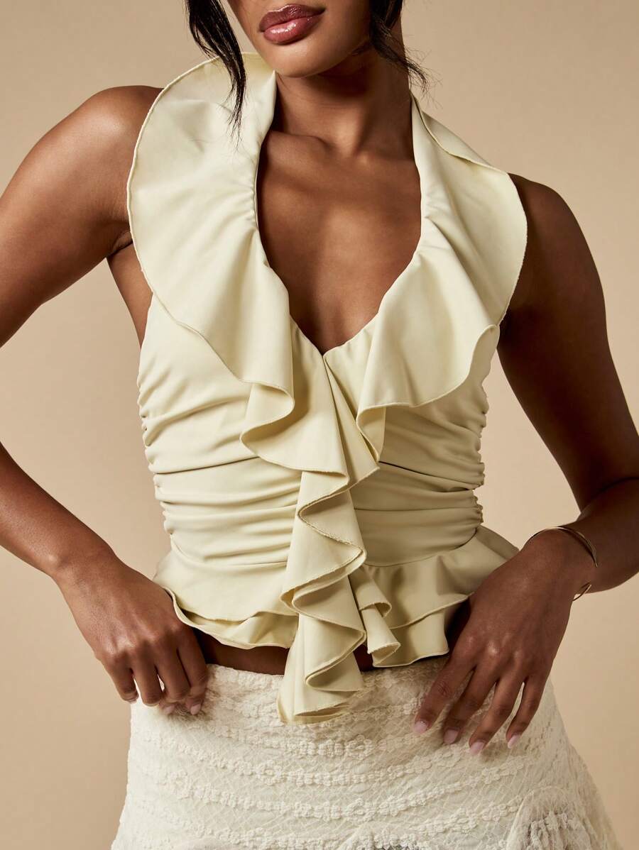 MISSGUIDED Élégant top à volants avec encolure ras-du-cou, pour occasions spéciales, soirées, mariages, célébrations et fêtes. Blouse de boutique d'été - Jaune moutarde - Voir 1