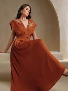 Anewsta 优质夏季 V 领束腰花卉装饰独特风格连衣裙，适合毕业典礼、节日、假日、优雅场合、度假、老钱美学、约会之夜