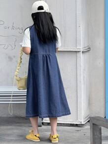 DAZY Vestido jeans sem mangas com decote em V para meninas adolescentes, verão, para a volta às aulas - Lavagem escura - Ver 2