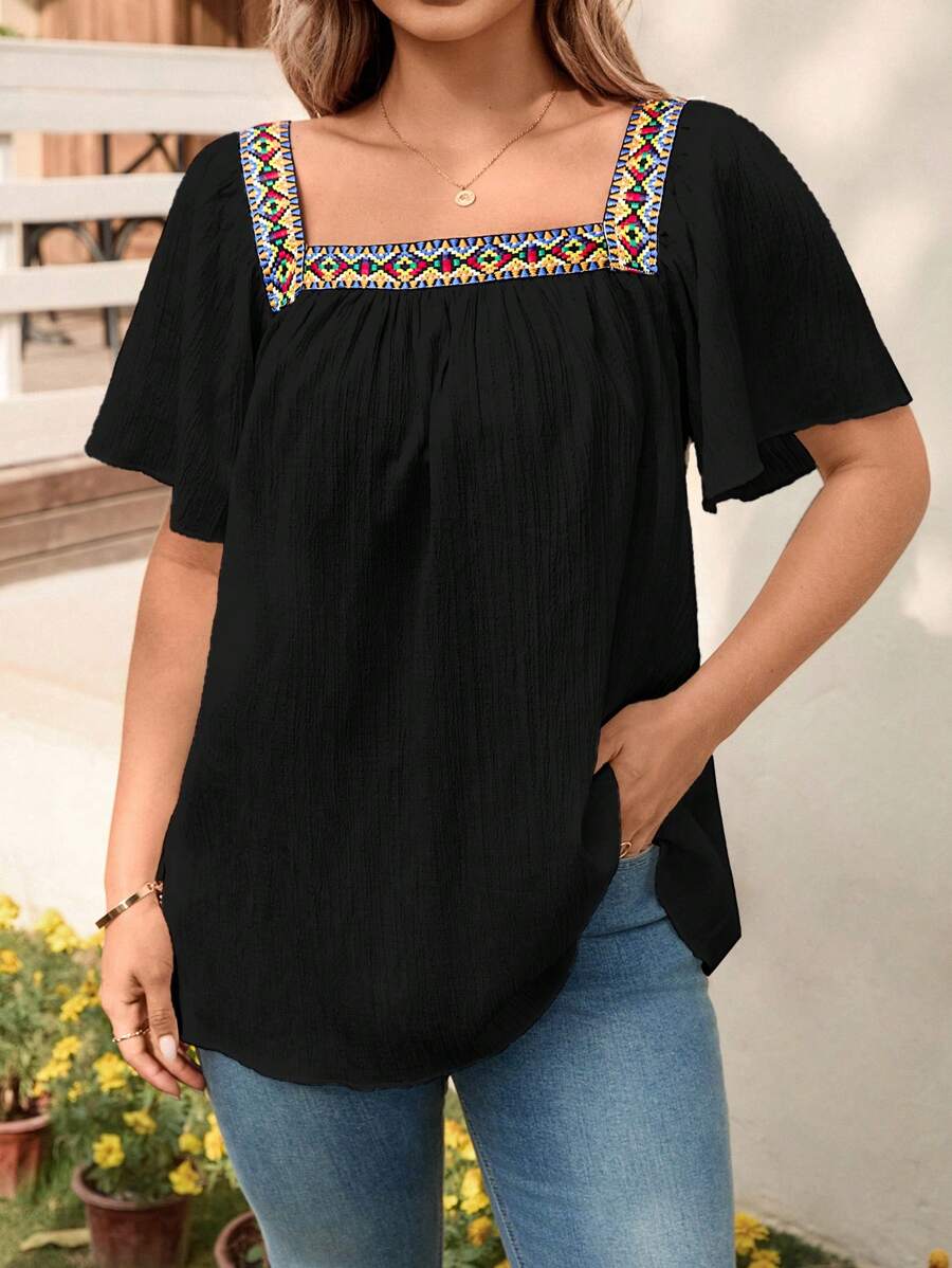 SHEIN LUNE Plus Size Women Square Neck Embroidery Tape Flowy Sleeve Retro Print Trim Blouse Top Cowgirl Summers For Women Graduation Spring Women Summer Clothes Graduation Easter Women Spring Summer Clothes Vacation Bohemia Easter Women Square Neck Tops Boho Tops For Women Boho Tops Peasant Tops Peasant Blouse