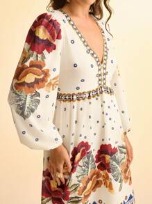 CAJUNI Women's Floral & Polka Dot Retro Print V-Neck Long Sleeve A-Line Mini Vacation Dress - Multicolor - View 7