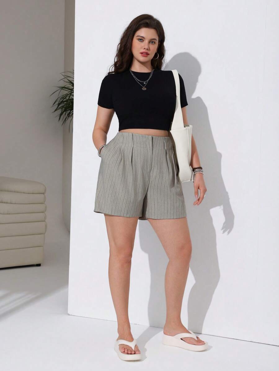 SHEIN EZwear Plus Size Summer Casual Striped Suit Shorts - Apricot - View 1