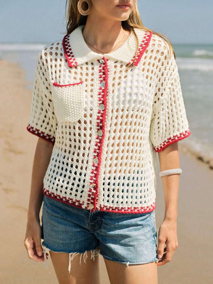 SHEIN Maija 여성용 대비 컬러 홀로아웃 짧은 소매 버튼 업 니트 탑