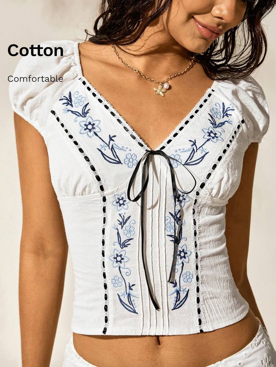 Easelle White Embroidered Small Shirt Top Seaside Holiday Style Outdoor Summer Embroidered Flowers Vacation Outfits Woman 4th Of July Women