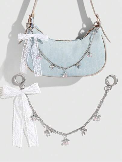 Kawaii 1pc Elegant Minimalist Versatile Cute Bowknot Crystal Cherry Lace DIY Keychain & Bag Charm, Suitable For Girls And Women, Great Gift For Daily Wear And Festivals