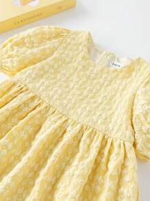PrepCrw Young Girls Yellow Stand Collar A-Line Mini Dress With Jacquard Pattern, Puff Sleeves And Elastic Waist, Spring/Summer