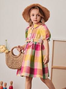 PrepCrw Vestido camisa con cinturón con estampado de cuadros de colores para niña, estilo escolar