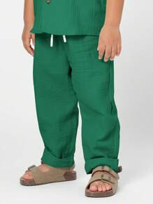 SUMWON 男童休闲纽扣短袖衬衫套装夏季棉麻质感儿童度假海滩度假装