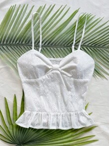 Soleia Top de tirantes para mujer de vacaciones, con textura de jacquard, tirantes de espagueti, detalle de lazo en el busto, bajo con volantes, una prenda versátil y casual para usar diariamente, ir al trabajo, citas, tomar el té de la tarde, la playa, cruceros, vacaciones en la ciudad, todo el año, bodas, playa, vacaciones de primavera/verano, cruceros, vacaciones en una isla, festivales de música, vacaciones con estilo bohemio - Blanco - Ver 6