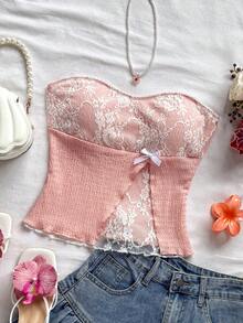 Soleia 女士度假蕾丝拼布露肩上衣 - 粉色 - 查看 3